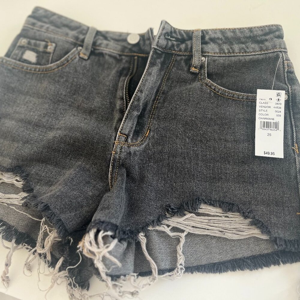 *NEW *Pacsun Black Frayed Ripped High Waisted Denim Festival Shorts, Size 25